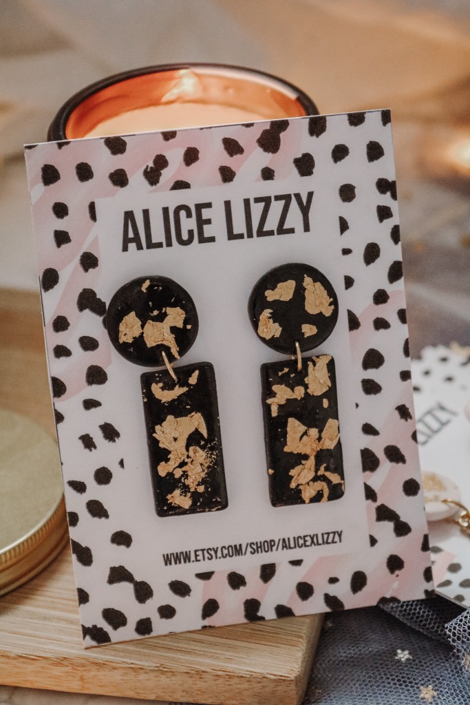Rectangular Black Clay Earrings With Gold Leaf from Alice Lizzy Accessories