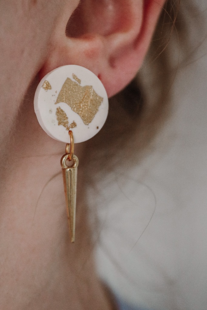 White Circular Clay Earrings with Gold Leaf and Small Gold Spike from Alice Lizzy Accessories