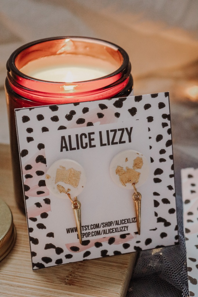 Alice Lizzy Accessories White Circular Clay Earrings With Gold Leaf and Small Gold Spike