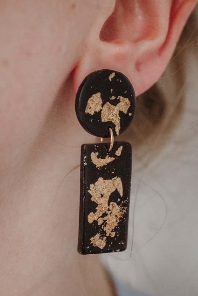 Alice Lizzy Accessories Rectangular Black Clay Earrings With Gold Leaf 